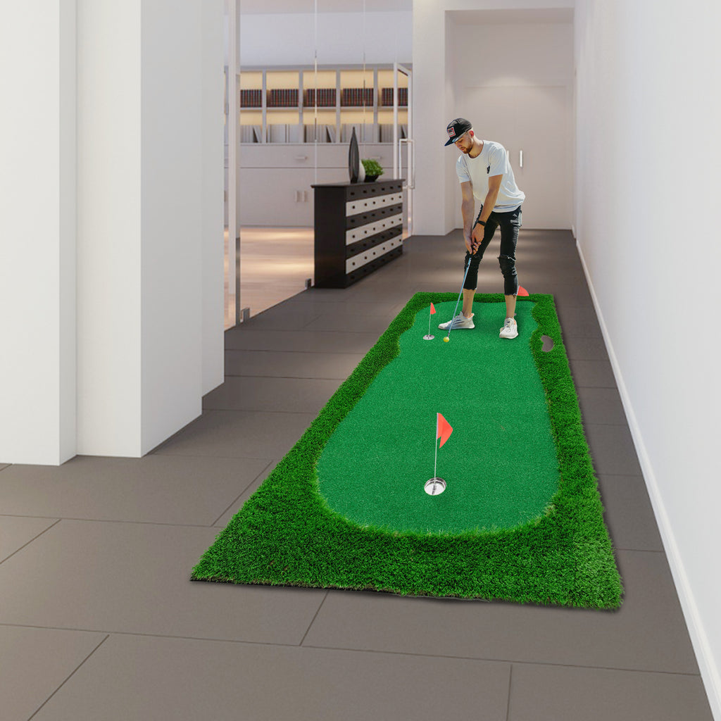 JXXRZ 10x5 FT Golf Putting Green, Golf Training Mat with High-quality Turf, 3 Holes, 3 Flags and Cups for Indoor Outdoor